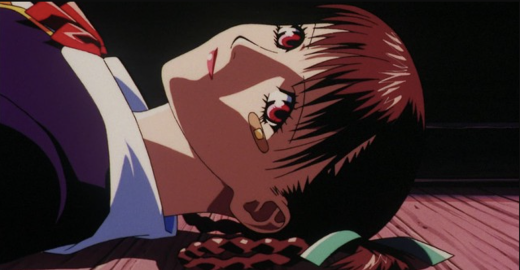 This image is from the 1998 anime OVA Kite and it features the character Sawa, a college student who works as a deadly assassin by night