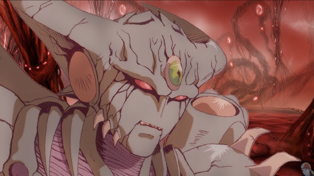 This image features the bio-mechanical creature from the 1994 cyberpunk horror anime OVA Genocyber