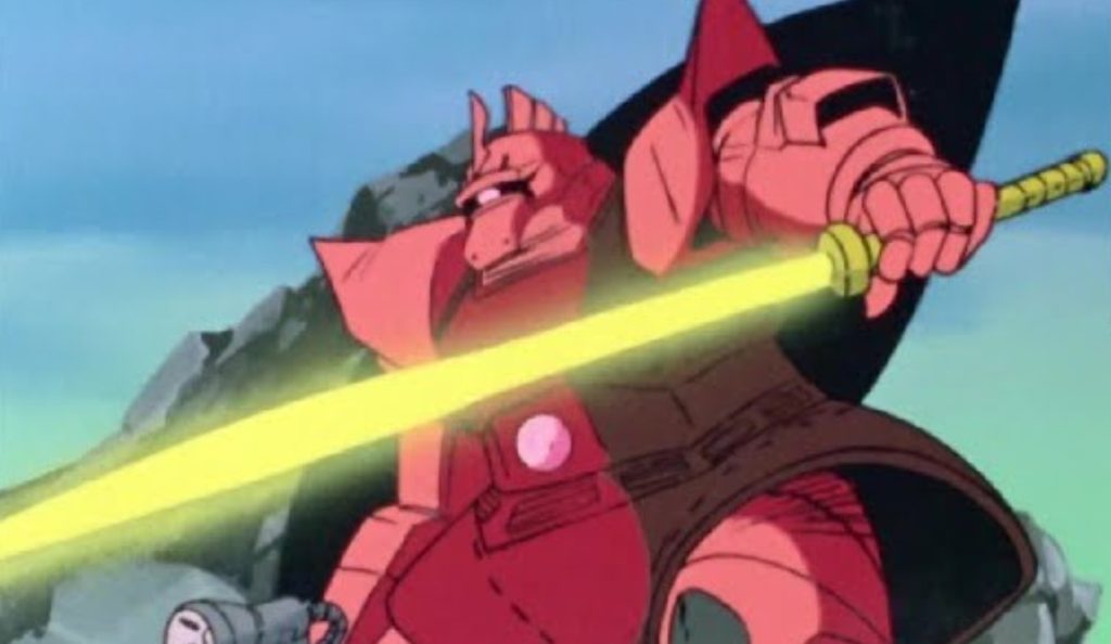 MS-14S Gelgoog suit is painted in Char's signature salmon pink and red color scheme and features a prominent commander antenna on its head.
