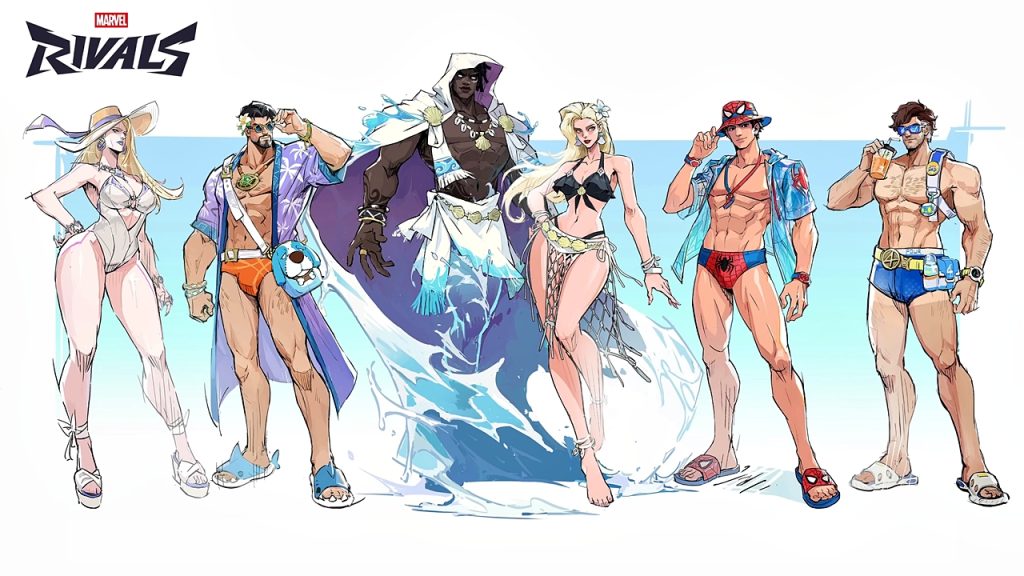 Marvel Rivals Season 8.5 promo art showcasing the first batch of beach-themed swimsuit skins for Emma Frost, Doctor Strange, Cloak & Dagger, Spider-Man, and Mister Fantastic.