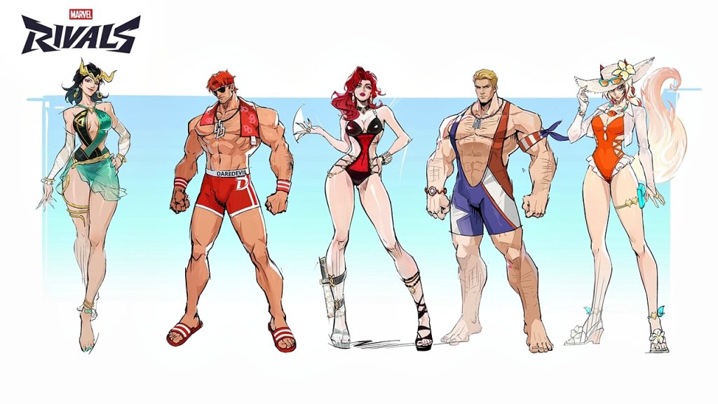 Marvel Rivals Season 8.5 promo art showcasing the second batch of beach-themed swimsuit skins for Lady Loki, Daredevil, Black Widow, Captain America, and White Fox. 