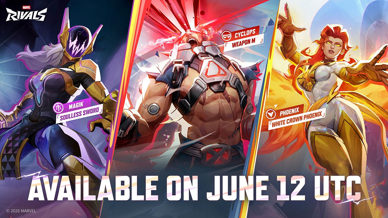Marvel Rivals promotional image showcasing three new skins coming to the game with the launch of Season 8.5.