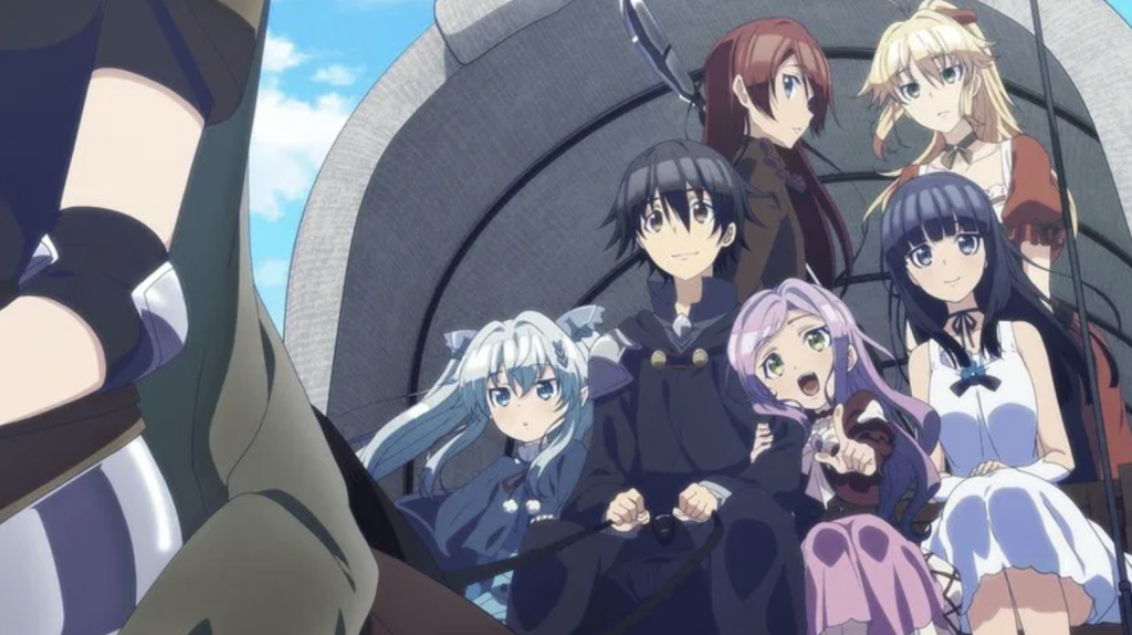 This image features characters from the anime series Death March to the Parallel World Rhapsody and the scene depicts the protagonist, Ichirou Suzuki (also known as Satou), traveling with his companions in a wagon