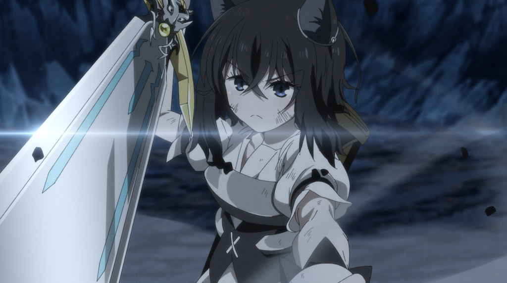 This scene features the character Fran from the anime series Reincarnated as a Sword