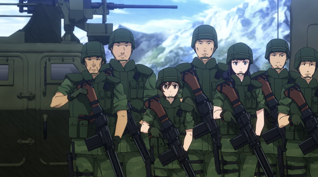  Jieitai Kanochi nite, Kaku Tatakaeri). and it depicts members of the Japan Self-Defense Forces (JSDF) stationed in the Special Region