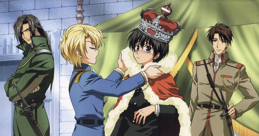 This image depicts characters from the anime series Kyo Kara Maoh! and it features Yuri Shibuya (center) wearing a crown and cape, being dressed by Wolfram von Bielefeld