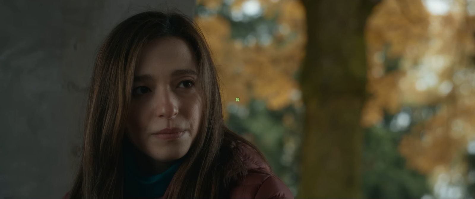 Mikey Madison as Frances Haugen in The Social Reckoning, against a blurred autumn background