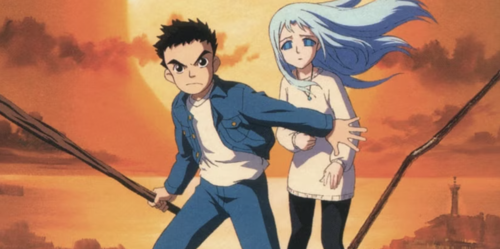 This image features the characters Shu and Lala-Ru from the anime series Now and Then, Here and There