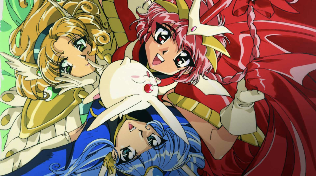 This image features the main characters Hikaru, Umi, and Fuu from the anime and manga series Magic Knight Rayearth