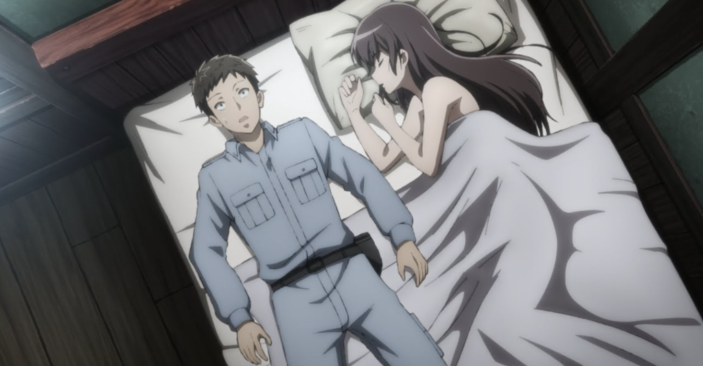 This image is from the 2023 anime series Handyman Saitou in Another World and the scene depicts the protagonist, Saitou, waking up next to his party member, the warrior Raelza