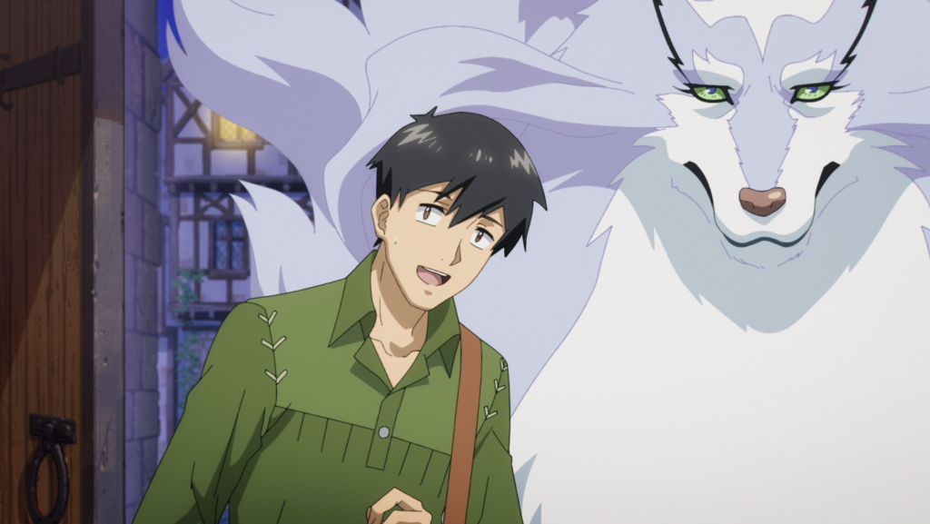 This scene features Tsuyoshi Mukouda and his monstrous familiar Fel from the anime Campfire Cooking in Another World with My Absurd Skill