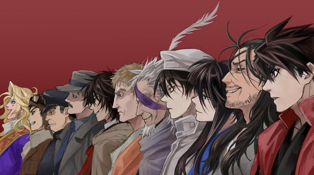 This image features a lineup of characters from the anime and manga series Drifters, illustrated by Kouta Hirano