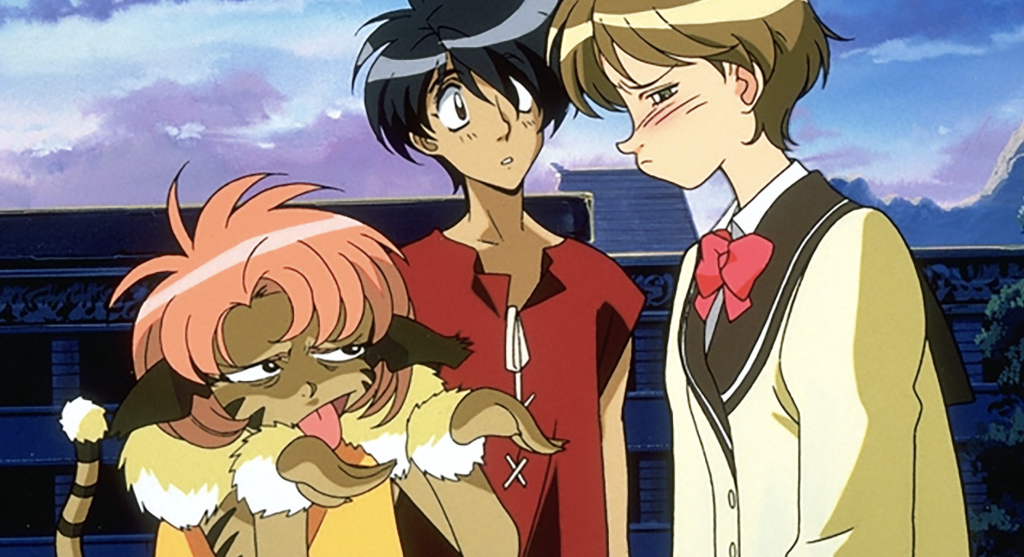 This image is from the 1996 anime series The Vision of Escaflowne and rhe scene features the characters Merle, Van Fanel, and Hitomi Kanzaki