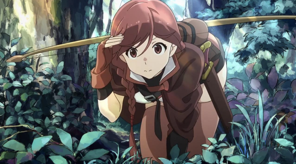 This image features the character Yume from the anime series Grimgar of Fantasy and Ash and she is depicted in a forest setting, carrying a bow as part of her role as a Hunter in the series