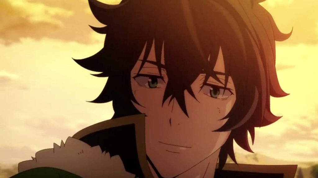 This image features Naofumi Iwatani from the anime series The Rising of the Shield Hero and he is shown with dark hair and green eyes, set against a warm, orange-toned background
