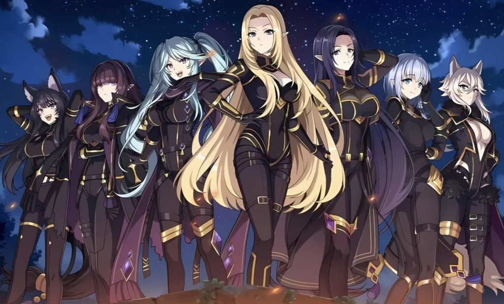 This image features characters from the anime and light novel series The Eminence in Shadow and it displays the "Seven Shadows," the elite fighting force led by the protagonist, Shadow. The characters shown are (left to right) Delta, Eta, Epsilon, Alpha, Gamma, Beta, and Zeta