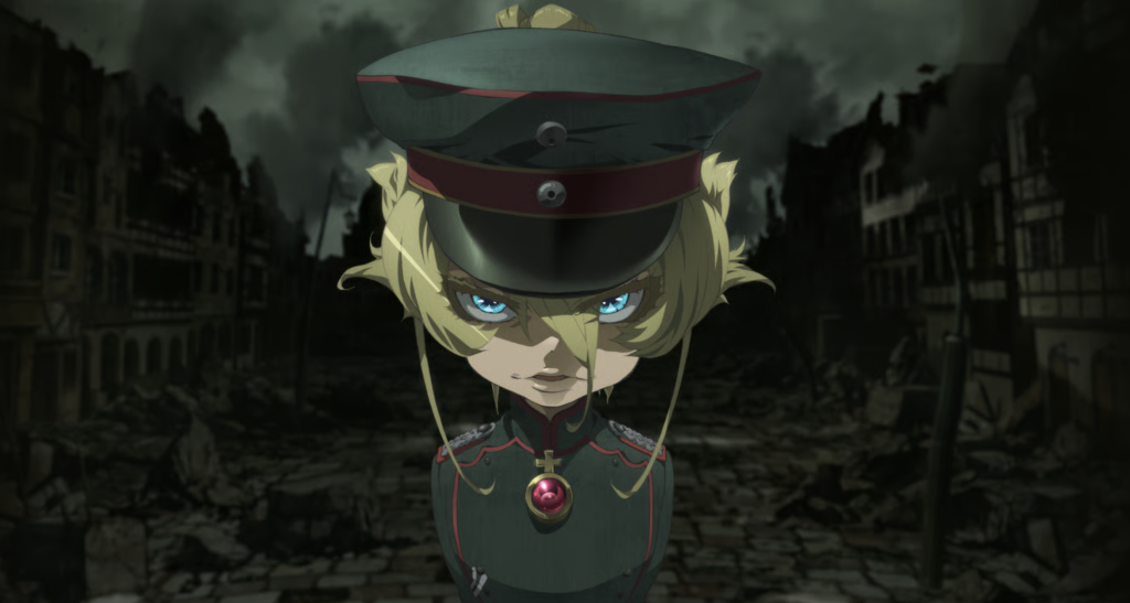 This image depicts the character Tanya Degurechaff from the anime series The Saga of Tanya the Evil