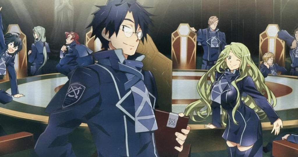 This image features characters from the anime Log Horizon, specifically highlighting the Round Table Alliance and he character in the foreground with glasses is Shiroe, the main protagonist and strategist