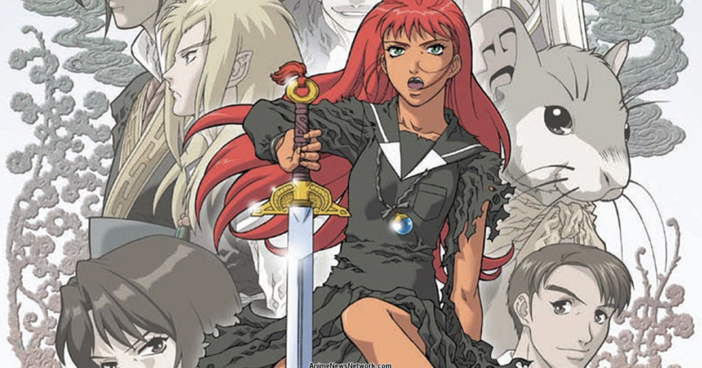 This image features characters from the anime series The Twelve Kingdoms and the red-haired protagonist holding the sword is named Yoko Nakajima