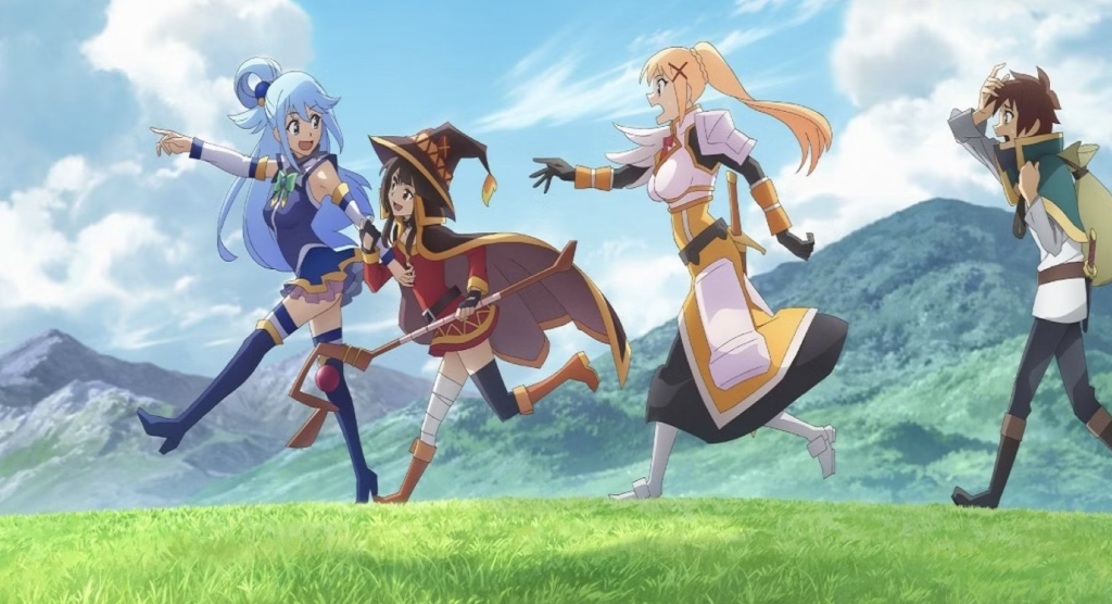  God's Blessing on This Wonderful World!, showcasing the main party of Kazuma, Aqua, Megumin, and Darkness running on a field