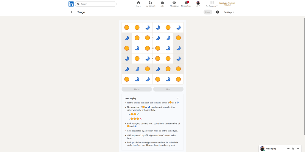 A screenshot of the daily LinkedIn Games puzzle.