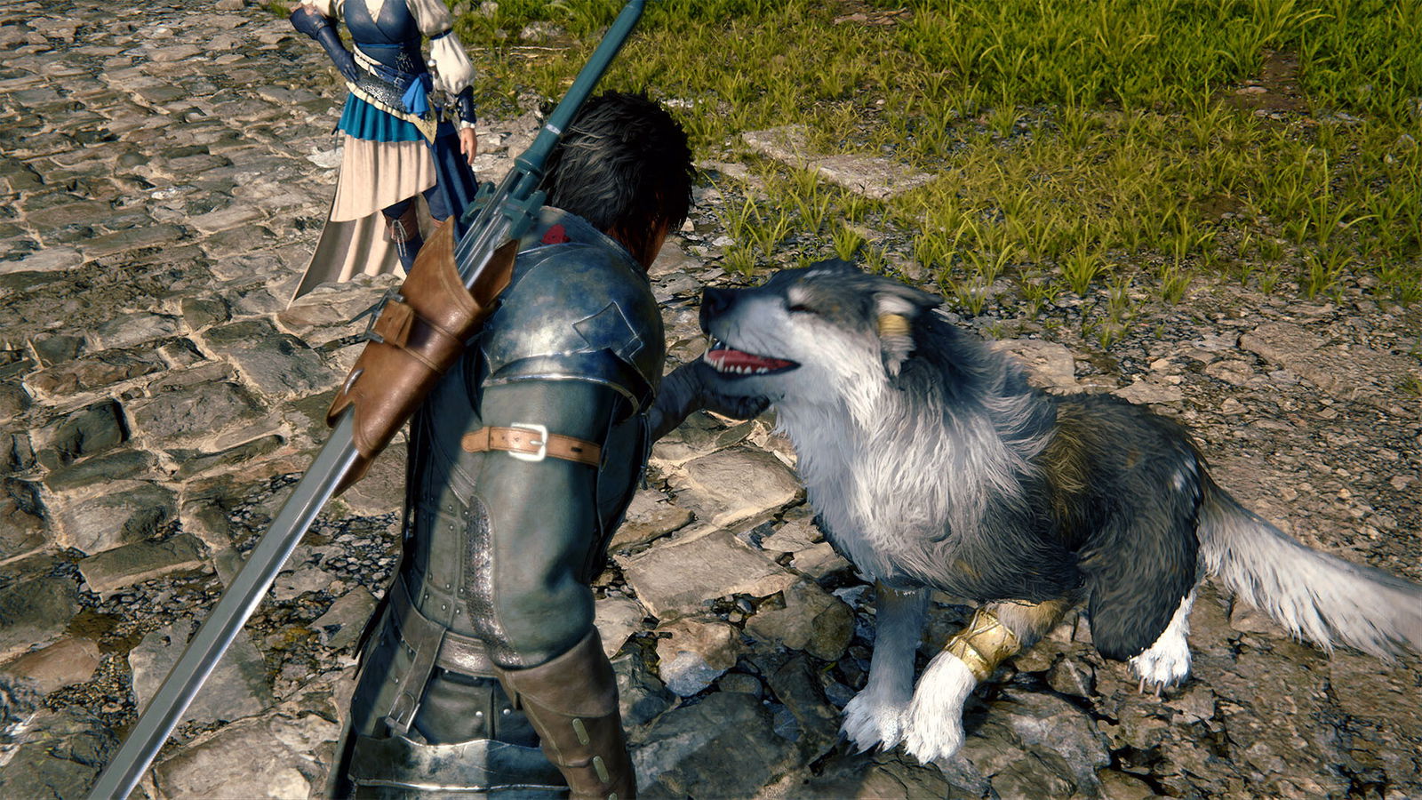 Clive petting Torgal in Final Fantasy 16.