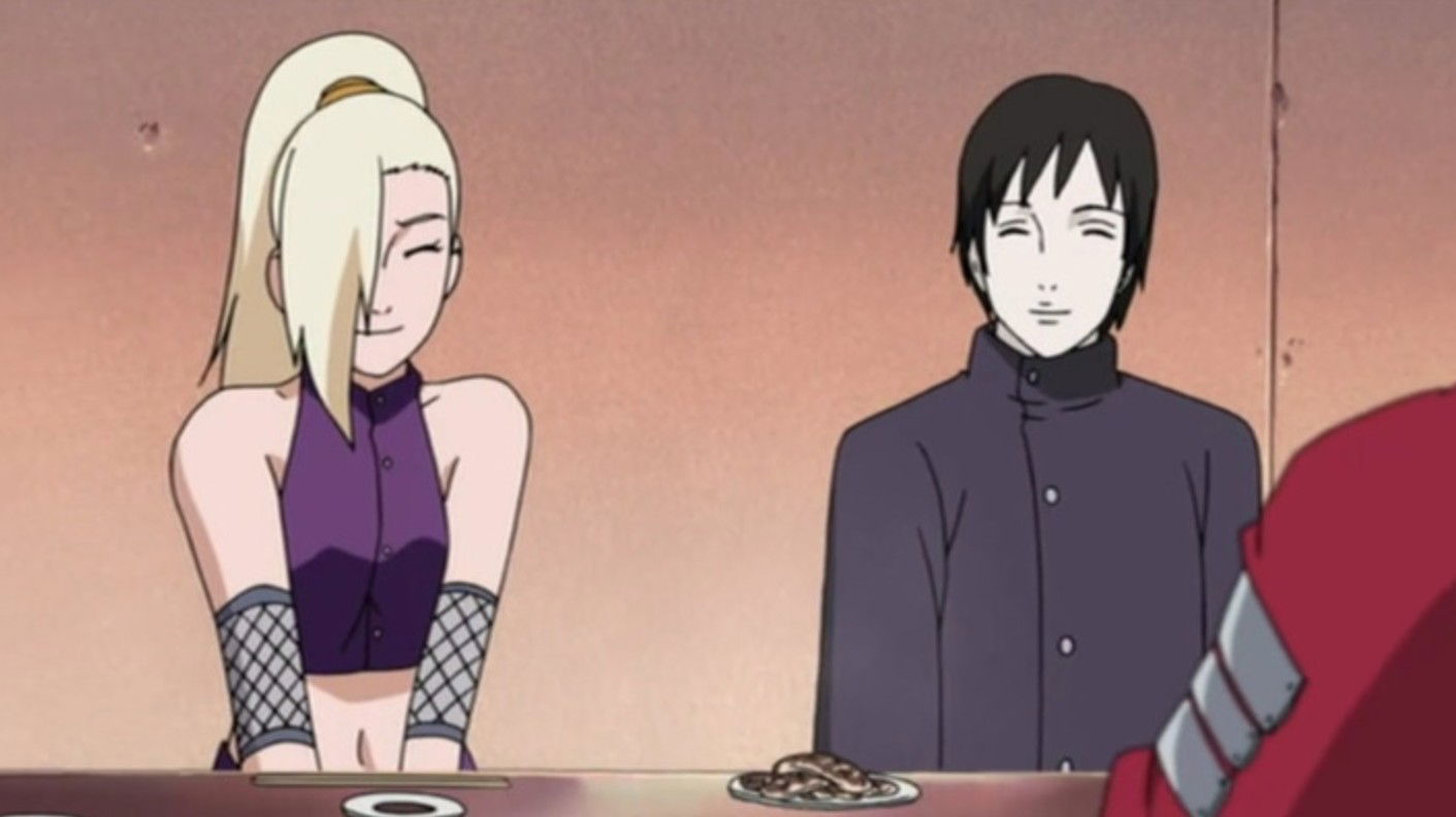 A scene from Naruto Shippuden where Ino becomes captivated by Sai's resemblance to Sasuke. 
