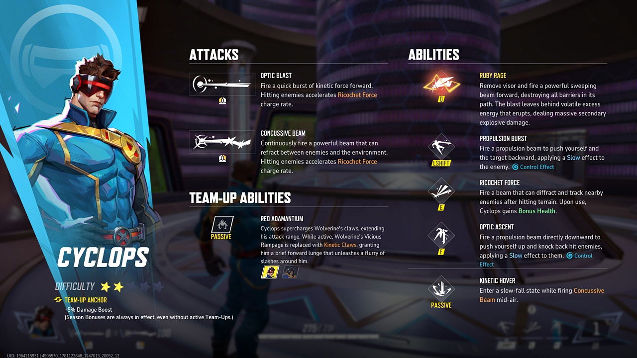 Marvel Rivals in-game screenshot showcasing Cyclops' full ability page.