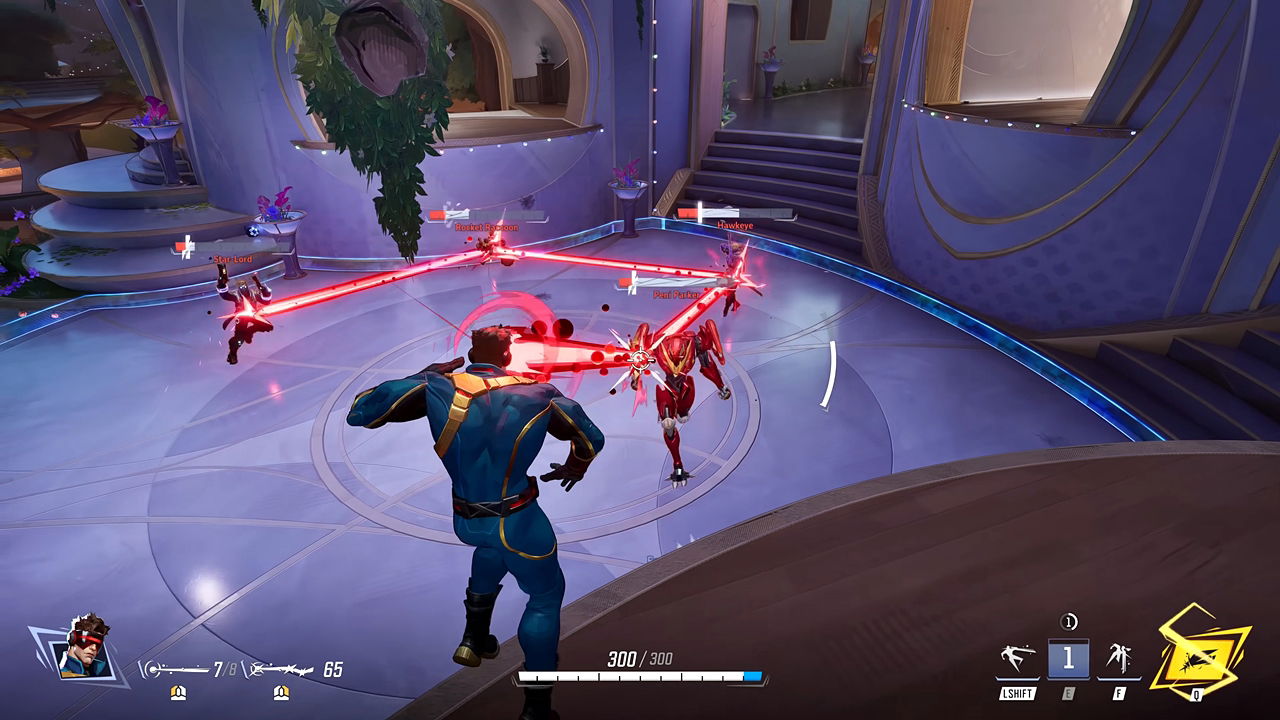 Marvel Rivals gameplay screenshot showcasing Cyclops' Concussive Beam in action, refracting and chaining between four different enemies.