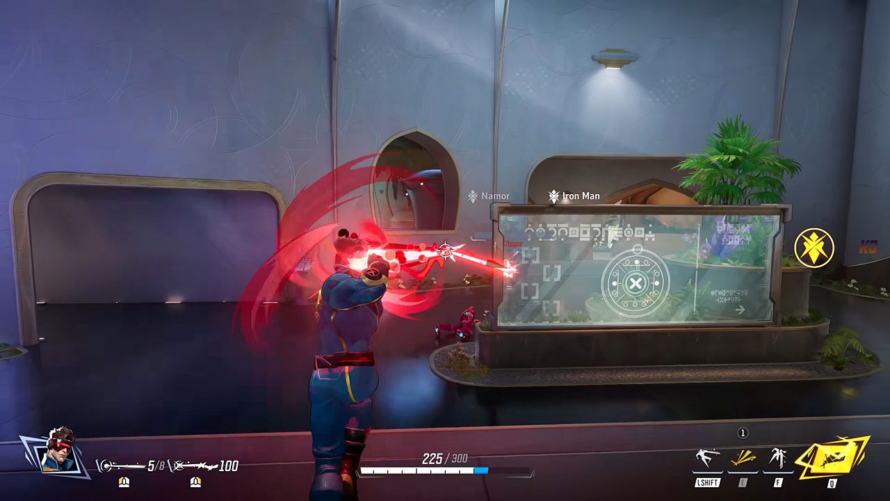 Marvel Rivals gameplay screenshot showcasing Cyclops' Ricochet Force ability eliminating a target behind cover.
