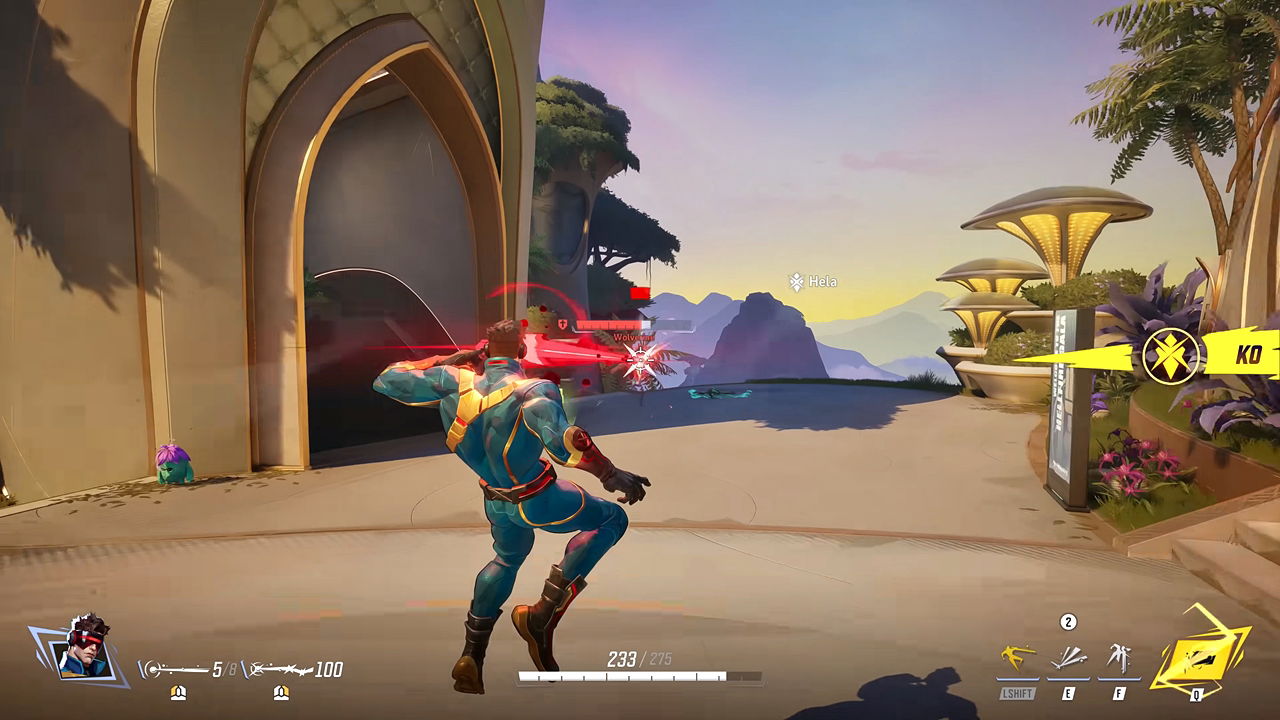 Marvel Rivals gameplay screenshot showing a Cyclops player use his Propulsion Blast ability to push themselves away from an opponent Wolverine.