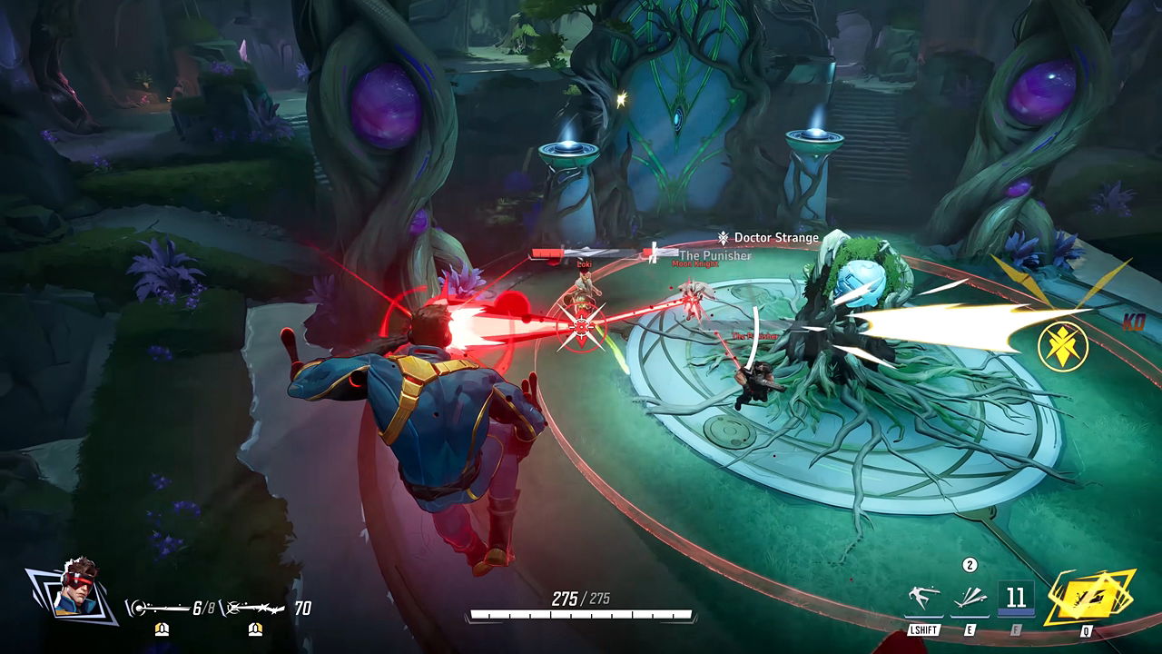 Marvel Rivals gameplay screenshot shows Cyclops hovering in the air while using his Concussive Beam secondary attack to deal damage.