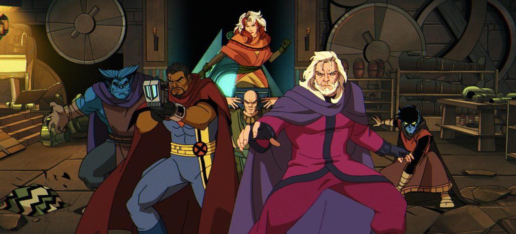  Beast (voiced by George Buza), Bishop (voiced by Isaac Robinson-Smith), Rogue (voiced by Lenore Zann), Professor X (voiced by Ross Marquand), Magneto (voiced by Matthew Waterson), and Nightcrawler (voiced by Adrian Hough) in Marvel Animation's X-MEN '97 Season 2. 