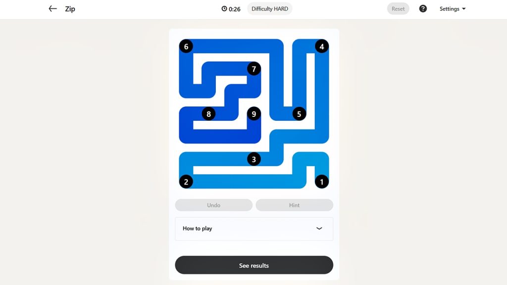 LinkedIn Games screenshot showing the solution for the Zip puzzle on June 12, 2026.
