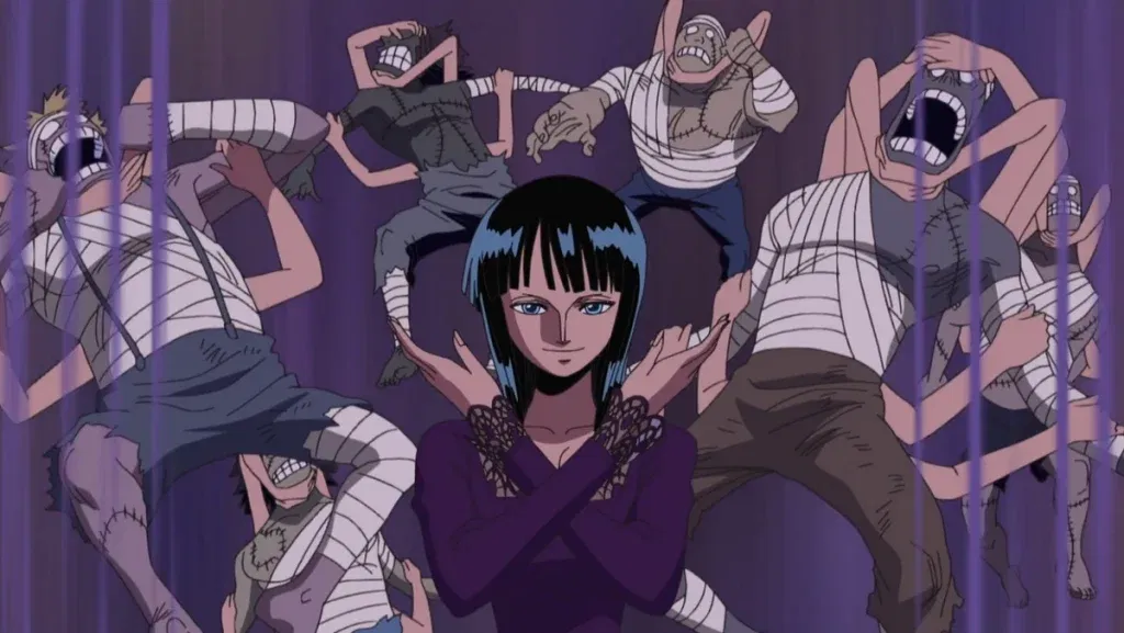 Robin ate the Hana Hana no Mi (Flower-Flower Fruit), a Paramecia-type Devil Fruit that allows her to sprout her body parts on any surface, including other people.