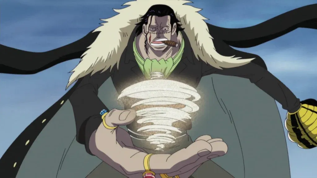Crocodile is shown using his Logia-type Devil Fruit, the Suna Suna no Mi, to control sand.