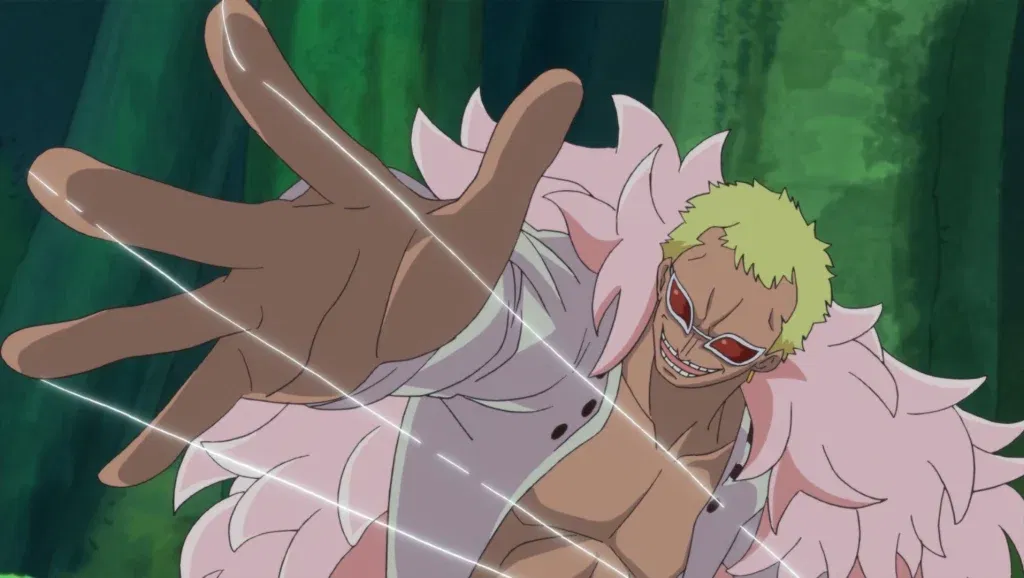Doflamingo possesses the Ito Ito no Mi, a Devil Fruit that allows him to create and manipulate razor-sharp strings. 