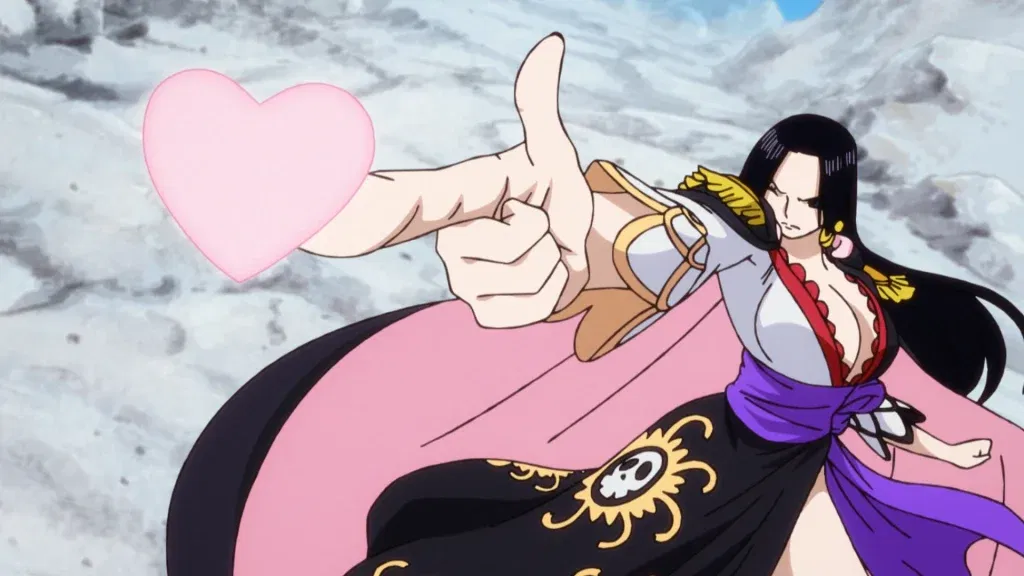 Boa Hancock's attack is powered by her Devil Fruit, the Mero Mero no Mi, which can turn enemies into stone based on their feelings of lust or love.