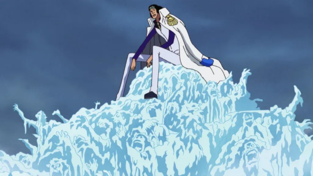 Aokiji possesses the Hie Hie no Mi, a Logia-type Devil Fruit that allows him to create, control, and transform his body into ice.