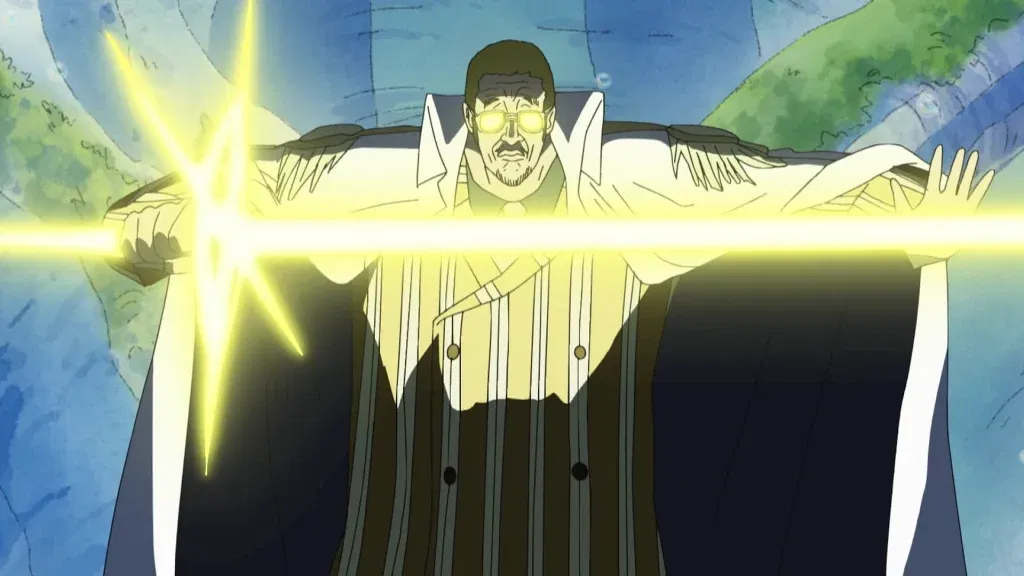 Admiral Kizaru is activating his Glint-Glint Fruit (Pika Pika no Mi) power, which allows him to create and control light, transforming his body into light particles.