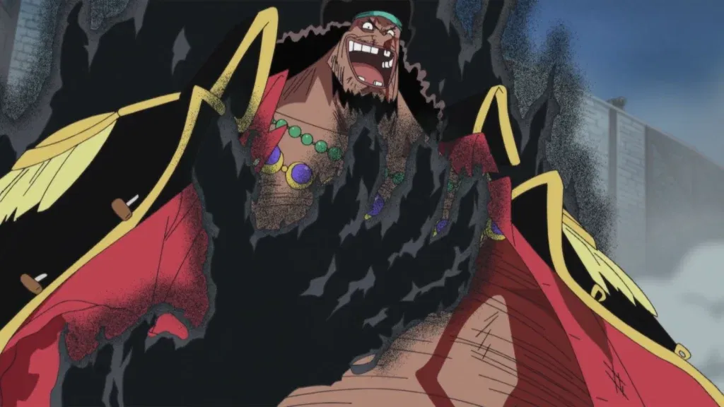 Blackbeard is shown using the powers of the Yami Yami no Mi (Dark-Dark Fruit), a Logia-type Devil Fruit that allows him to create and manipulate darkness.