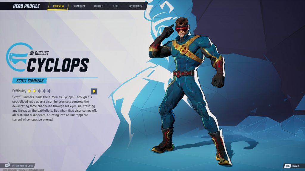 Marvel Rivals screenshot showcasing the first page of the official Hero Profile for Cyclops.