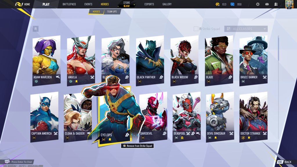 Marvel Rivals in-game screenshot highlighting Cyclops among the current roster of heroes.