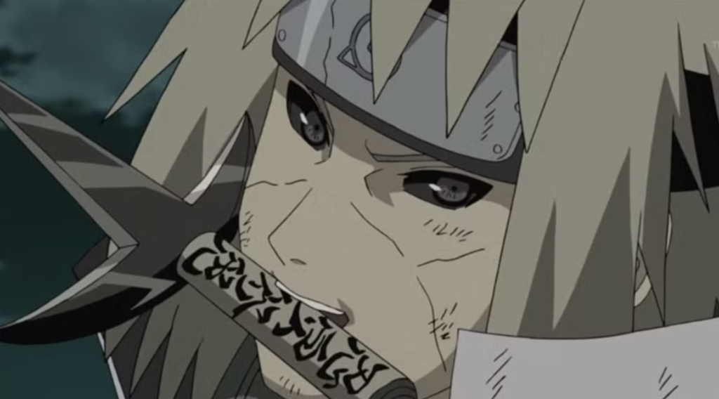 the image shows minato in between a fight in naruto series