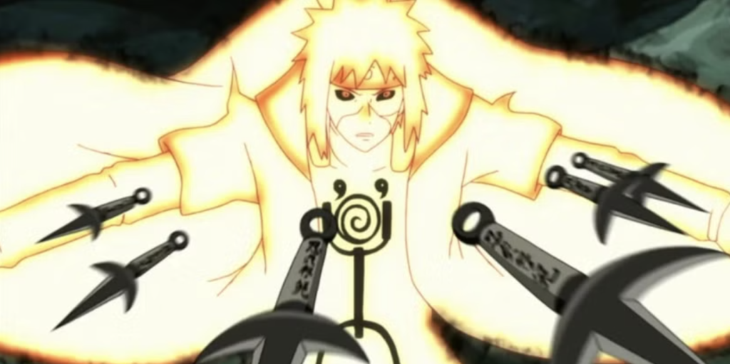 the image shows minato in kurama chakra mode in between a fight in naruto series