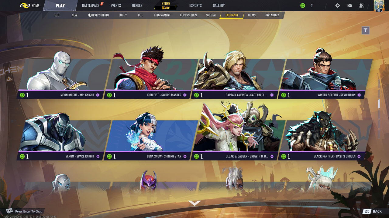 Marvel Rivals screenshot showcasing the extensive selection of skins in the in-game "Exchange" shop.