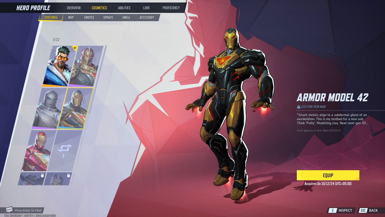 Marvel Rivals screenshot showing the free skin for Iron Man, Armor Model 42.