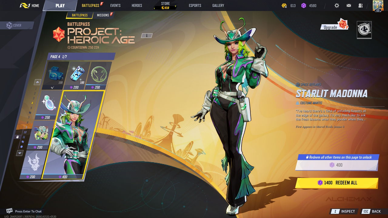 An in-game screenshot showcasing the "Starlit Madonna" skin for Mantis in the free tier of the Marvel Rivals Season 8 Battle Pass