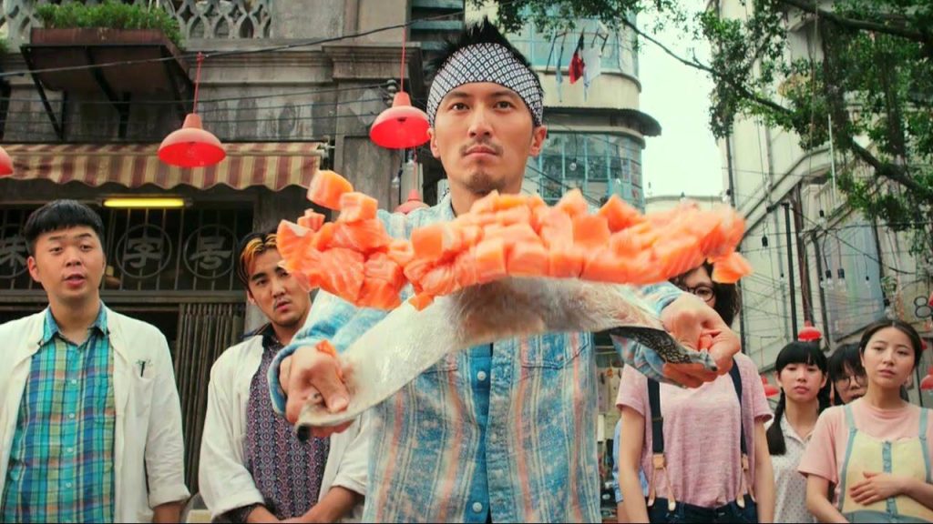 Chef Gao with cut salmon
