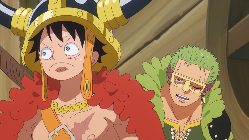 Luffy trying to hide about Loki from Zoro from One Piece Episode 1166.